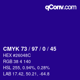颜色代码: CMYK 73 / 97 / 0 / 45 | qconv.com