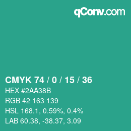 Color code: CMYK 74 / 0 / 15 / 36 | qconv.com