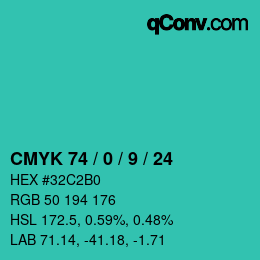 Color code: CMYK 74 / 0 / 9 / 24 | qconv.com