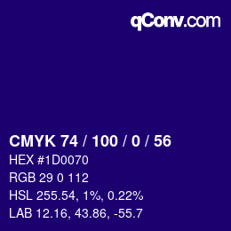 カラーコード: CMYK 74 / 100 / 0 / 56 | qconv.com