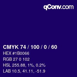 颜色代码: CMYK 74 / 100 / 0 / 60 | qconv.com