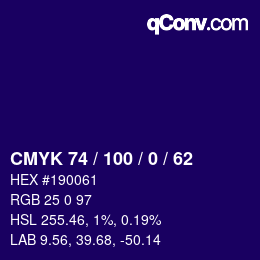 カラーコード: CMYK 74 / 100 / 0 / 62 | qconv.com