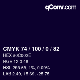 Code couleur: CMYK 74 / 100 / 0 / 82 | qconv.com