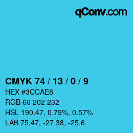 颜色代码: CMYK 74 / 13 / 0 / 9 | qconv.com