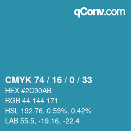 Color code: CMYK 74 / 16 / 0 / 33 | qconv.com