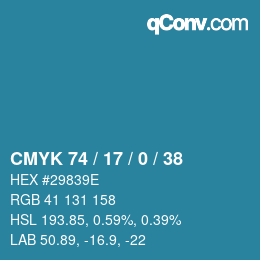 カラーコード: CMYK 74 / 17 / 0 / 38 | qconv.com