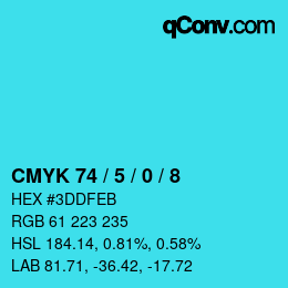 颜色代码: CMYK 74 / 5 / 0 / 8 | qconv.com