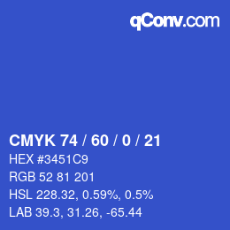 カラーコード: CMYK 74 / 60 / 0 / 21 | qconv.com