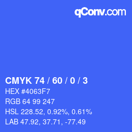 カラーコード: CMYK 74 / 60 / 0 / 3 | qconv.com
