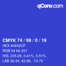 カラーコード: CMYK 74 / 68 / 0 / 19 | qconv.com