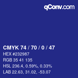 カラーコード: CMYK 74 / 70 / 0 / 47 | qconv.com