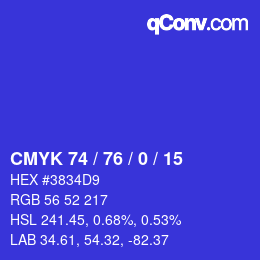 カラーコード: CMYK 74 / 76 / 0 / 15 | qconv.com