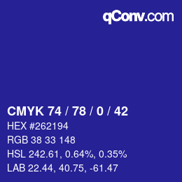 Color code: CMYK 74 / 78 / 0 / 42 | qconv.com