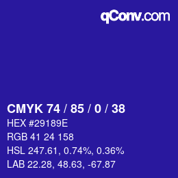 カラーコード: CMYK 74 / 85 / 0 / 38 | qconv.com