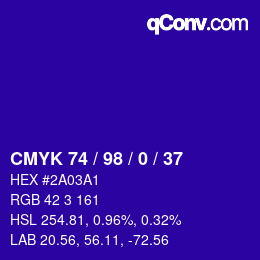 颜色代码: CMYK 74 / 98 / 0 / 37 | qconv.com
