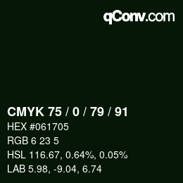 颜色代码: CMYK 75 / 0 / 79 / 91 | qconv.com