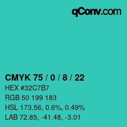 カラーコード: CMYK 75 / 0 / 8 / 22 | qconv.com