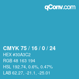 カラーコード: CMYK 75 / 16 / 0 / 24 | qconv.com