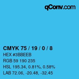 カラーコード: CMYK 75 / 19 / 0 / 8 | qconv.com
