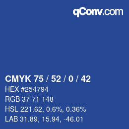 カラーコード: CMYK 75 / 52 / 0 / 42 | qconv.com