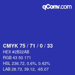 Color code: CMYK 75 / 71 / 0 / 33 | qconv.com