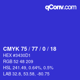 カラーコード: CMYK 75 / 77 / 0 / 18 | qconv.com