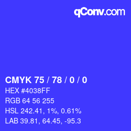 カラーコード: CMYK 75 / 78 / 0 / 0 | qconv.com