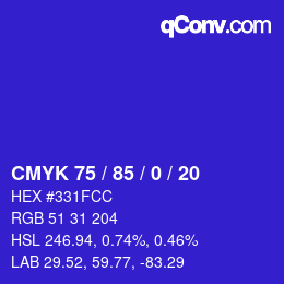 カラーコード: CMYK 75 / 85 / 0 / 20 | qconv.com