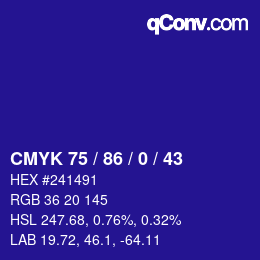 Code couleur: CMYK 75 / 86 / 0 / 43 | qconv.com