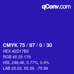 カラーコード: CMYK 75 / 87 / 0 / 30 | qconv.com
