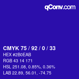 カラーコード: CMYK 75 / 92 / 0 / 33 | qconv.com