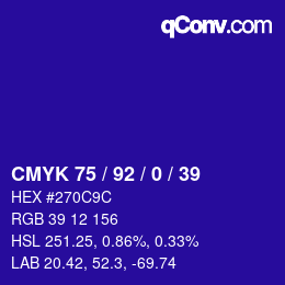 カラーコード: CMYK 75 / 92 / 0 / 39 | qconv.com