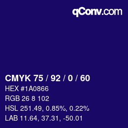 カラーコード: CMYK 75 / 92 / 0 / 60 | qconv.com