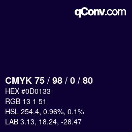 カラーコード: CMYK 75 / 98 / 0 / 80 | qconv.com