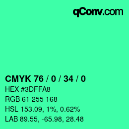 颜色代码: CMYK 76 / 0 / 34 / 0 | qconv.com