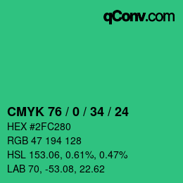 颜色代码: CMYK 76 / 0 / 34 / 24 | qconv.com