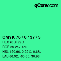 カラーコード: CMYK 76 / 0 / 37 / 3 | qconv.com