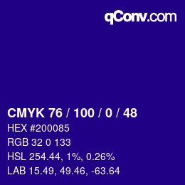 Code couleur: CMYK 76 / 100 / 0 / 48 | qconv.com