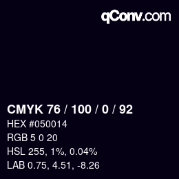 Color code: CMYK 76 / 100 / 0 / 92 | qconv.com
