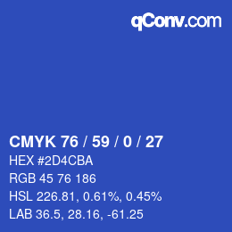 Color code: CMYK 76 / 59 / 0 / 27 | qconv.com