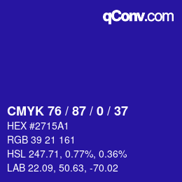 カラーコード: CMYK 76 / 87 / 0 / 37 | qconv.com