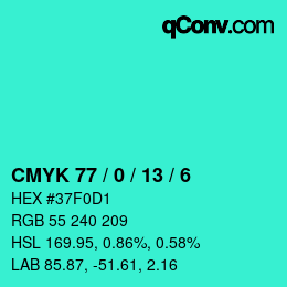 カラーコード: CMYK 77 / 0 / 13 / 6 | qconv.com