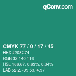 Color code: CMYK 77 / 0 / 17 / 45 | qconv.com