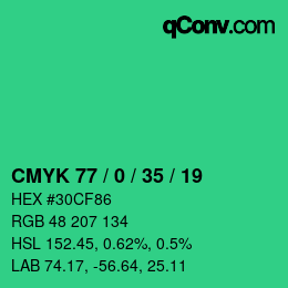 カラーコード: CMYK 77 / 0 / 35 / 19 | qconv.com