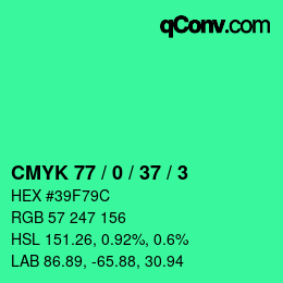 カラーコード: CMYK 77 / 0 / 37 / 3 | qconv.com