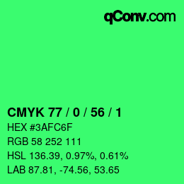 颜色代码: CMYK 77 / 0 / 56 / 1 | qconv.com