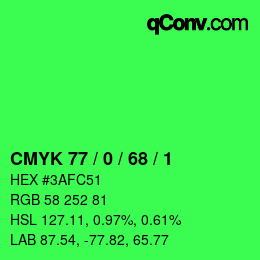 カラーコード: CMYK 77 / 0 / 68 / 1 | qconv.com