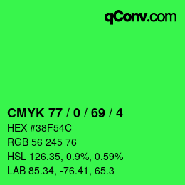 カラーコード: CMYK 77 / 0 / 69 / 4 | qconv.com