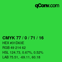颜色代码: CMYK 77 / 0 / 71 / 16 | qconv.com