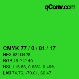颜色代码: CMYK 77 / 0 / 81 / 17 | qconv.com